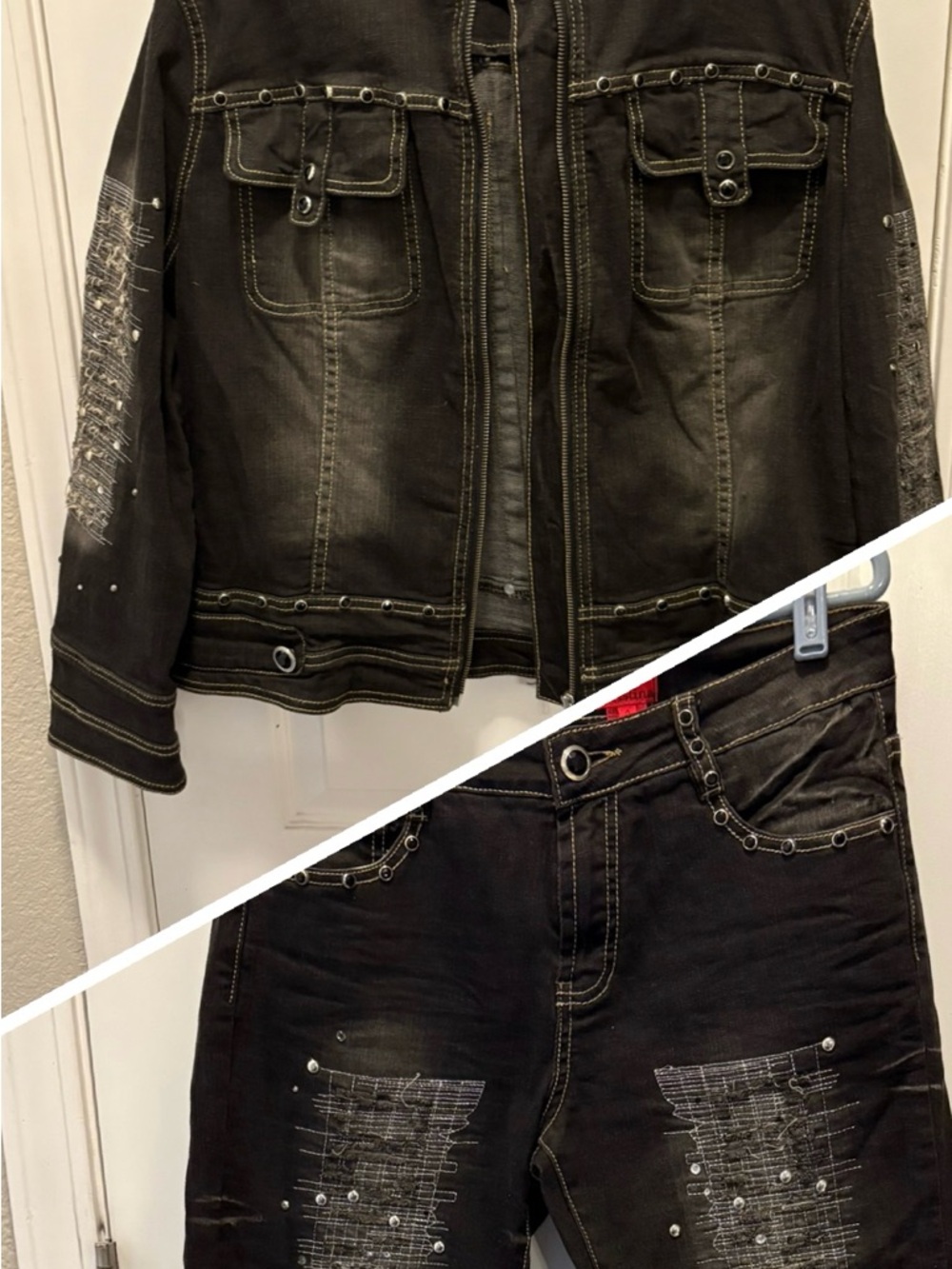 Women's V Cristina Embellished Denim Jean Jacket Size XL Matching Pants Sz 8